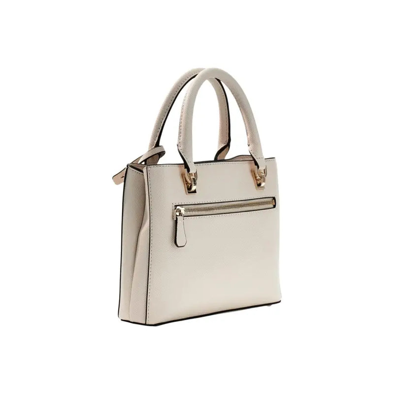 Cream-colored Guess leather handbag with gold-tone hardware and structured design with shoulder strap