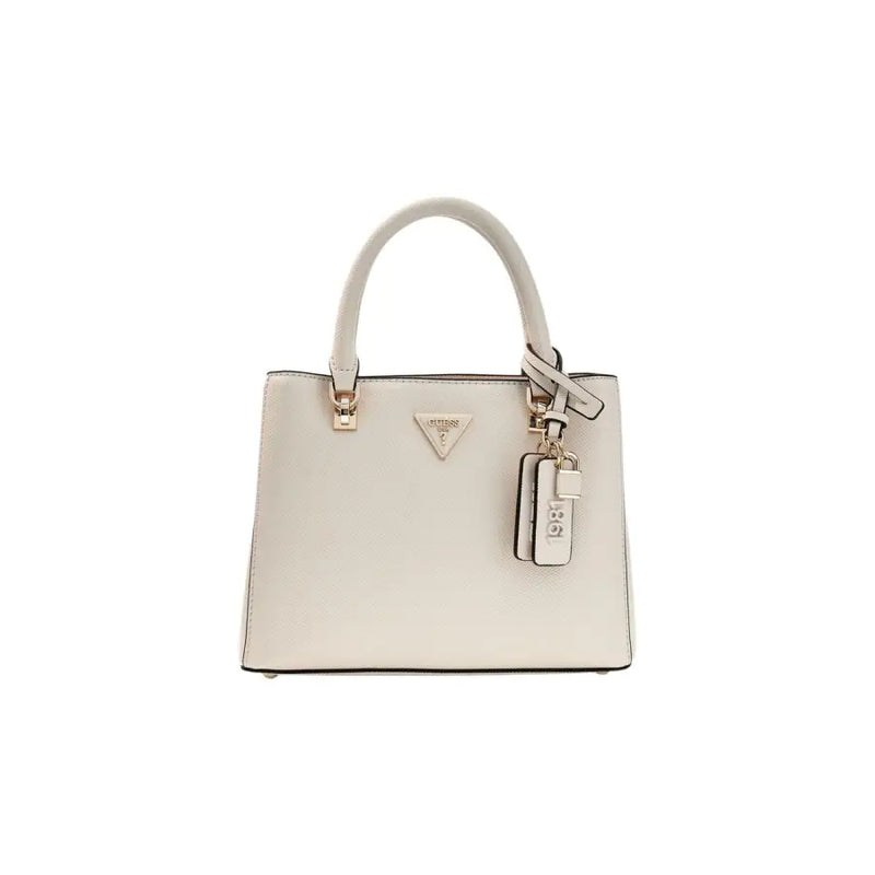 Guess white polyurethane handbag with textured surface gold-tone hardware and triangular logo tag with shoulder strap