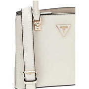 A sleek white Guess polyurethane handbag with textured surface gold-tone hardware and triangular logo plaque