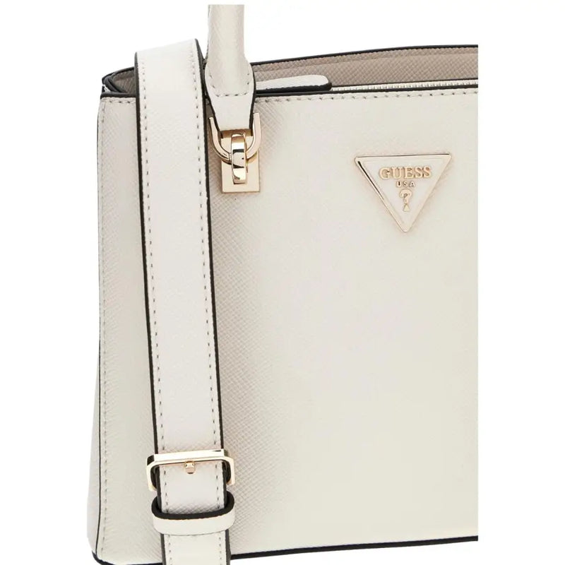A sleek white Guess polyurethane handbag with textured surface gold-tone hardware and triangular logo plaque