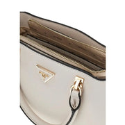 Guess white polyurethane handbag with cream textured surface gold-tone triangular logo plaque and shoulder strap