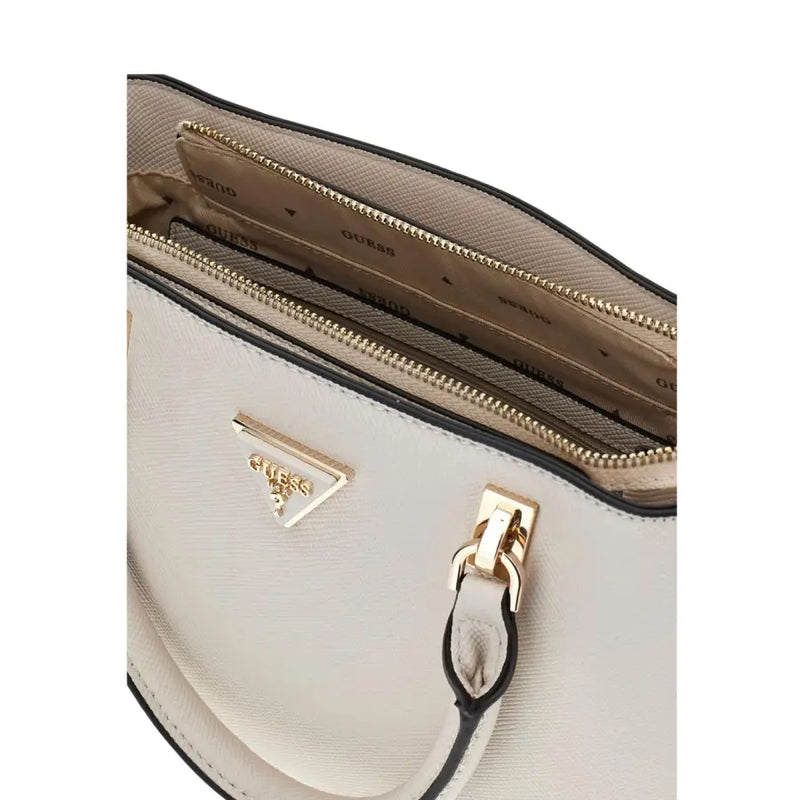 Guess white polyurethane handbag with cream textured surface gold-tone triangular logo plaque and shoulder strap