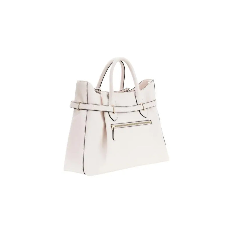Guess white polyurethane handbag featuring a sleek white leather tote design with structured handles and front zippered pocket
