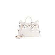 Guess white polyurethane handbag with white leather, gold-tone hardware, and detachable shoulder strap