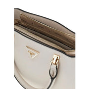 Guess white polyurethane handbag with cream textured surface gold-tone triangular logo plaque and shoulder strap