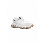 Back view of guess white women lace up textile rubber sneakers with beige chunky sole and black branding detail on heel