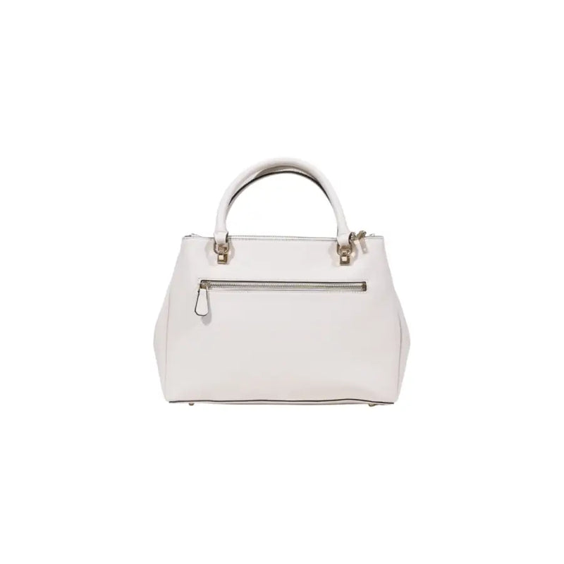 White faux leather Guess handbag with top handle and zippered back pocket