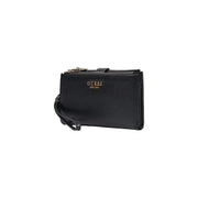 Schwarzes, strukturiertes Leder guess Damen-Geldbörse aus Polyurethan mit goldfarbenem Logo und Reißverschlussdetails, 20 cm