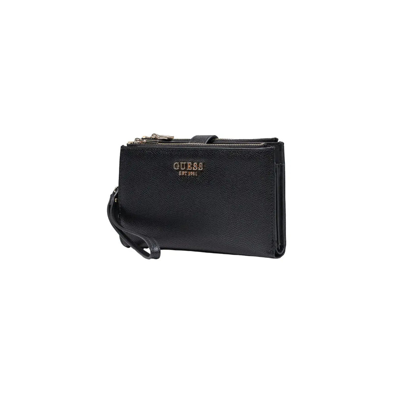 Schwarzes, strukturiertes Leder guess Damen-Geldbörse aus Polyurethan mit goldfarbenem Logo und Reißverschlussdetails, 20 cm