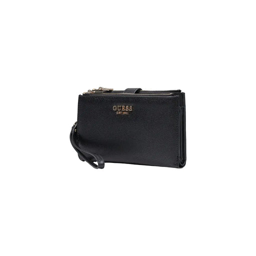 Schwarzes, strukturiertes Leder guess Damen-Geldbörse aus Polyurethan mit goldfarbenem Logo und Reißverschlussdetails, 20 cm