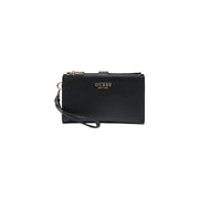 Schwarzes, strukturiertes Leder Guess Damen-Geldbörse Amorette mit goldfarbenem Logo und Reißverschluss, 20 cm, Polyurethan
