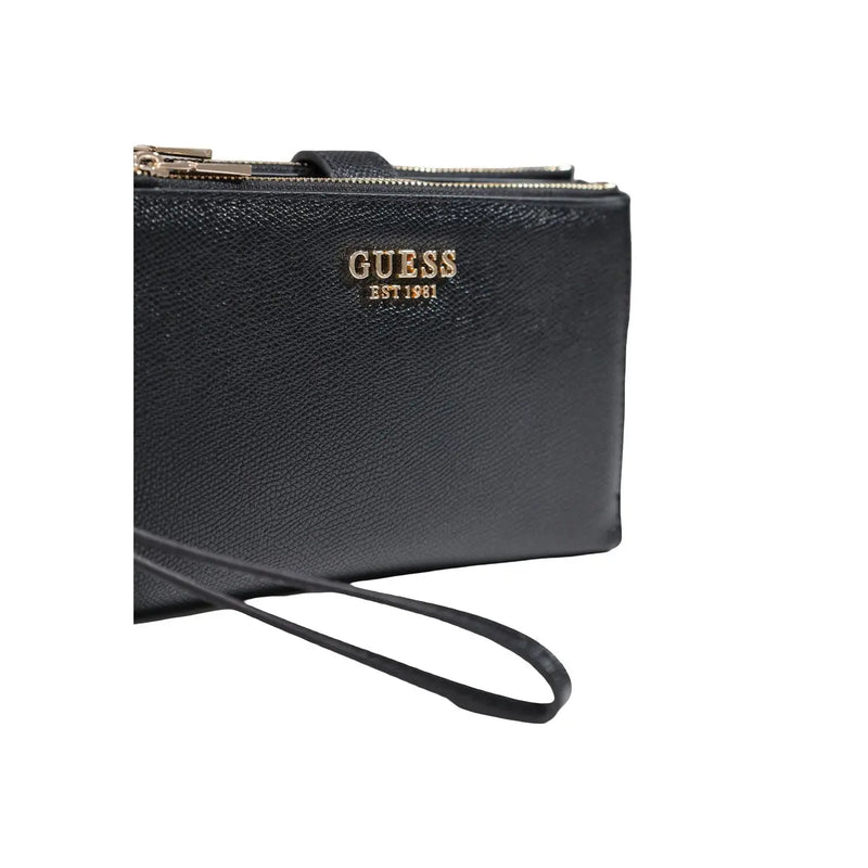 Guess Schwarze Damen-Geldbörse von Amorette mit Handgelenkschlaufe aus strukturiertem Polyurethanleder und goldfarbenen Logo-Details