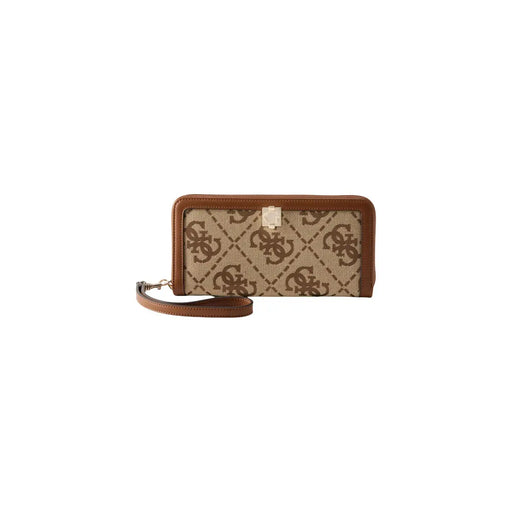 Beige und Braun Guess Damen-Geldbörse „Audrey“ mit Logo aus Canvas mit Monogrammmuster, hellbraunen Lederdetails und Handschlaufe