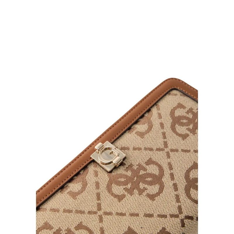 Guess Damen-Geldbörse mit Audrey-Logo, beigefarbene Canvas-Clutch mit braunem Monogramm und hellbraunem Lederbesatz mit goldenem Verschluss