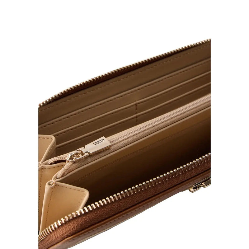 Beiges Leder guess Damen-Geldbörse mit Audrey-Logo, goldfarbenen Beschlägen und Kartenfächern innen, 10 x 20 cm