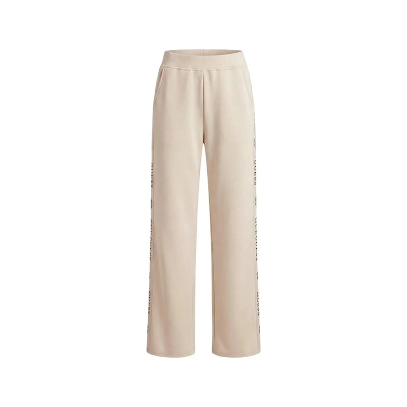 Guess Beige Damen-Jogginghose mit Schnürung, Modal-Mischgewebe, weitem Bein und dezenten vertikalen Textdetails an den Nähten.