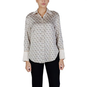 Guess women beige long sleeve alexandra classic shirt in silk-like fabric with dark brown g logo pattern and white cuffs