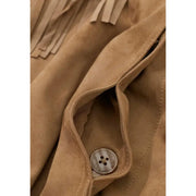 Guess Beigefarbener Wildlederblazer mit langen Ärmeln, Fransen und silbernem Knopf