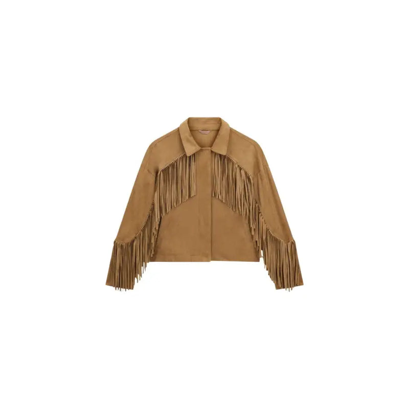 Guess Beigefarbener Wildlederblazer für Damen mit Fransen, fließenden Quasten und Vordertaschen