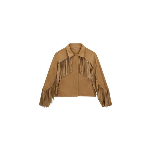 Guess Beigefarbener Wildlederblazer für Damen mit Fransen, fließenden Quasten und Vordertaschen