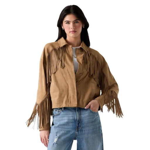 Guess Beigefarbener Wildlederblazer mit Fransen, langen Ärmeln und Vordertaschen