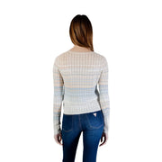 Guess women beige long sleeve button v neck cardigan with ribbed knit and horizontal soft beige blue pink stripes