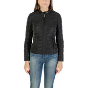 Women’s black puffer jacket with full zip closure displayed in Guess Women Beige Long Zip Front Jacket product image