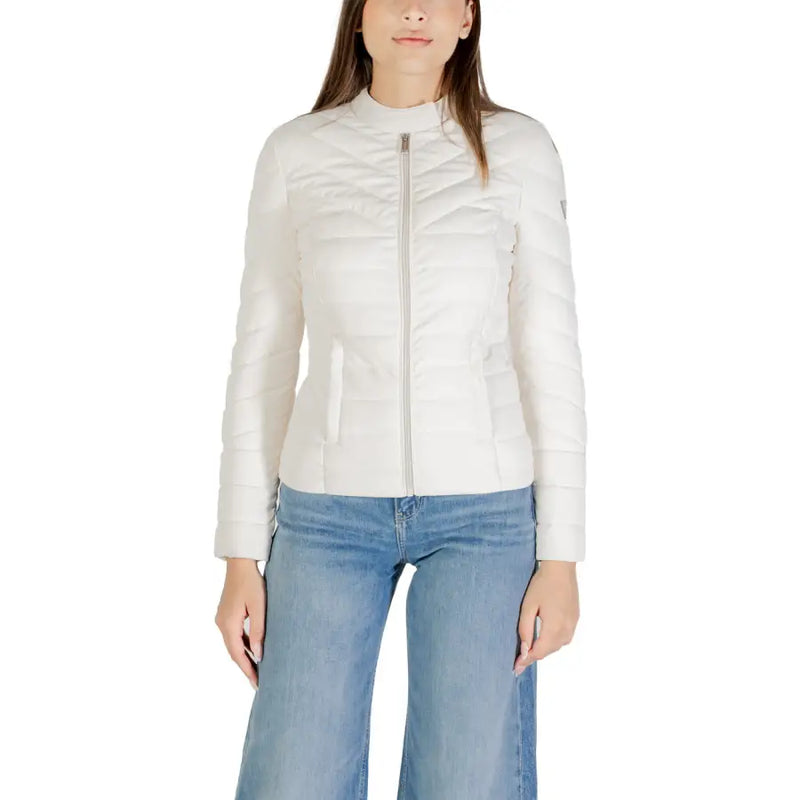 Women’s beige quilted puffer jacket with full zip closure from Guess Women collection