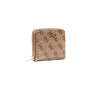 Beige Guess women’s zip wallet with repeating monogram pattern and gold-tone zipper from fall winter collection