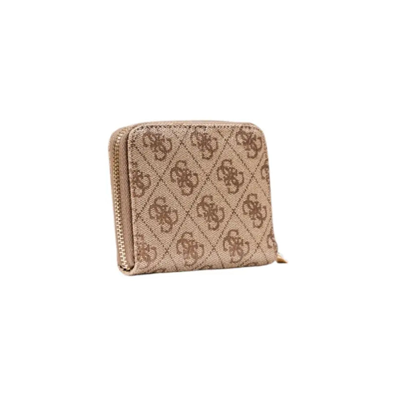 Beige Guess women zip wallet with brown monogram print and gold-tone zipper from fall winter collection