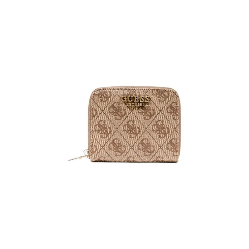 Guess beige print zip wallet with monogram pattern and gold zipper
