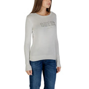 Women’s beige long-sleeve crewneck top with rhinestone embellished logo from Guess
