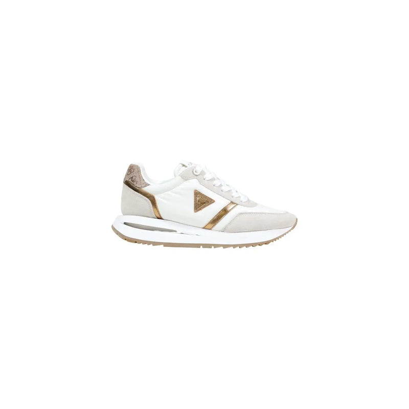 Guess women beige sneaker with white and gold trim made of polyester and polyurethane featuring a sleek modern design
