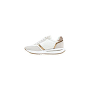 Guess women beige sneaker in white and gold accents with sleek modern design and smooth leather polyester polyurethane panels