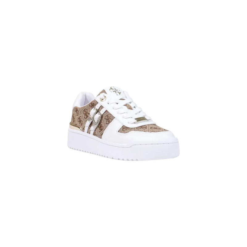 Guess women beige sneaker with white and beige pattern low-top design and polyurethane slip platform sole