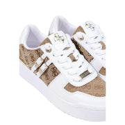 Guess women beige polyurethane sneaker with white and tan patterns and gold-tone branding accents