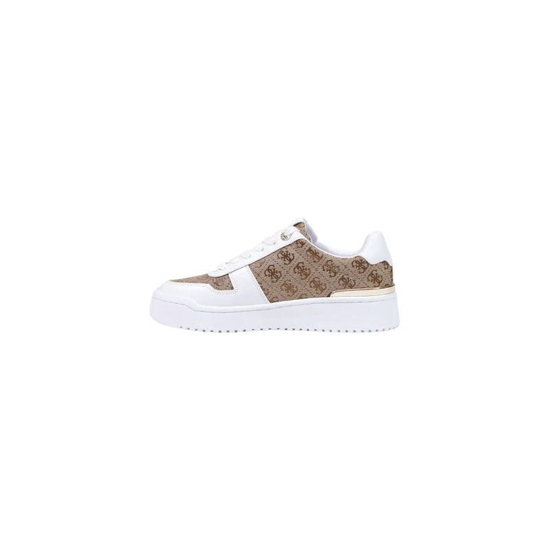 Guess women beige sneaker polyurethane slip featuring white and tan patterned low-top design with chunky white sole
