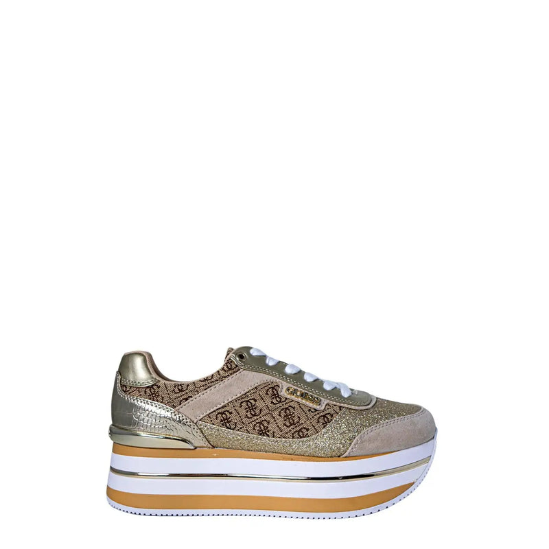 Guess women beige polyester slip on platform sneakers with gold glitter patterned design and metallic accents
