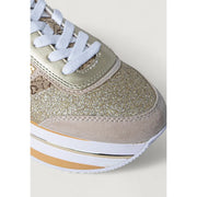 Guess women beige polyester slip on sneakers with gold glitter, light gray suede accents, and white laces for sporty wear