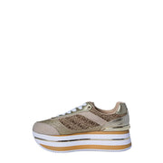 Guess women beige gold-toned platform sneaker with glittery polyester upper and layered white and tan soles