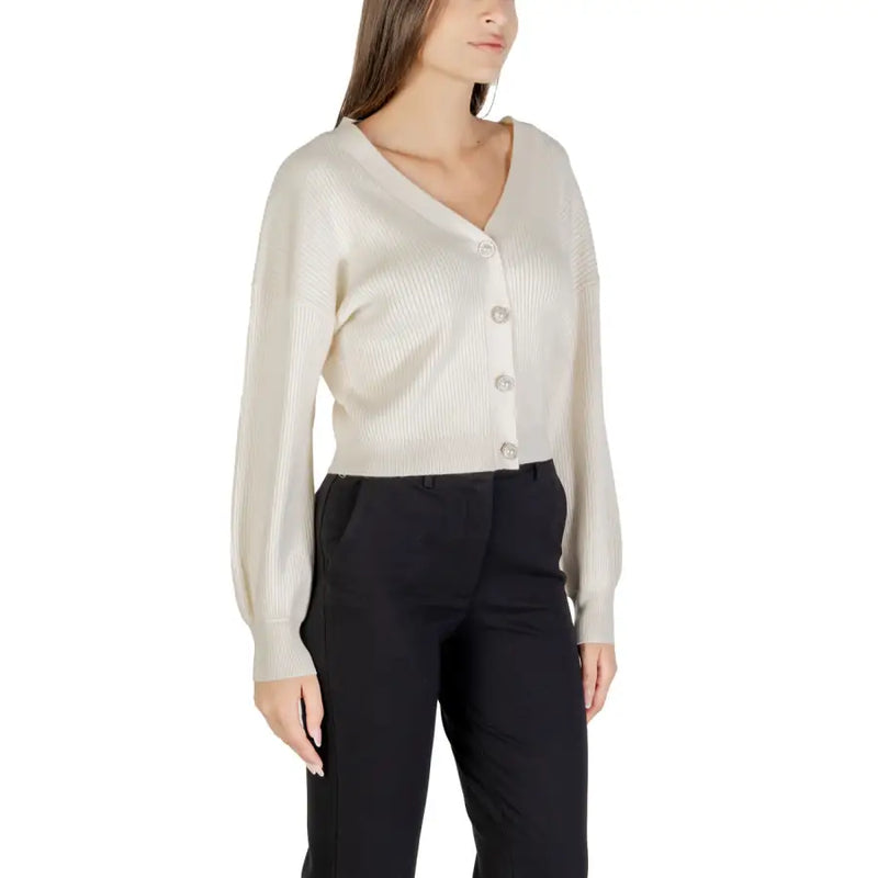 Guess Women Beige V Neck Long Cardigan Fall Winter featuring a cream-colored ribbed knit with sparkling buttons