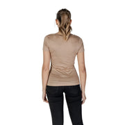 Beige short-sleeved fitted Guess women lyocell t shirt with a rounded neckline and v neck design