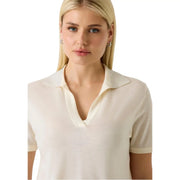 Guess women beige v neck wool polo t shirt short sleeve with cream-colored fabric and subtly textured collar