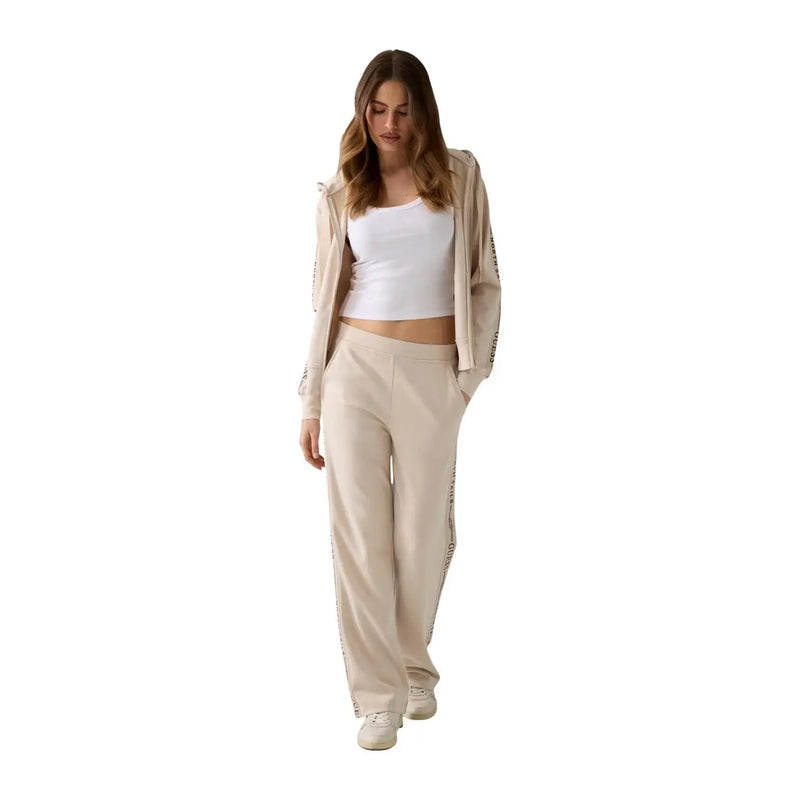 Beige guess women zip hoodie sweatshirt modal blend with matching tracksuit featuring black text side panels