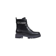 Black leather guess women ankle boot with silver logo strap and chunky lug sole made of polyurethane with zip laces