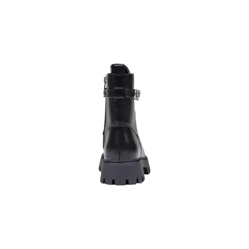 Guess women black leather ankle boots with chunky sole silver buckle and polyurethane zip laces detail