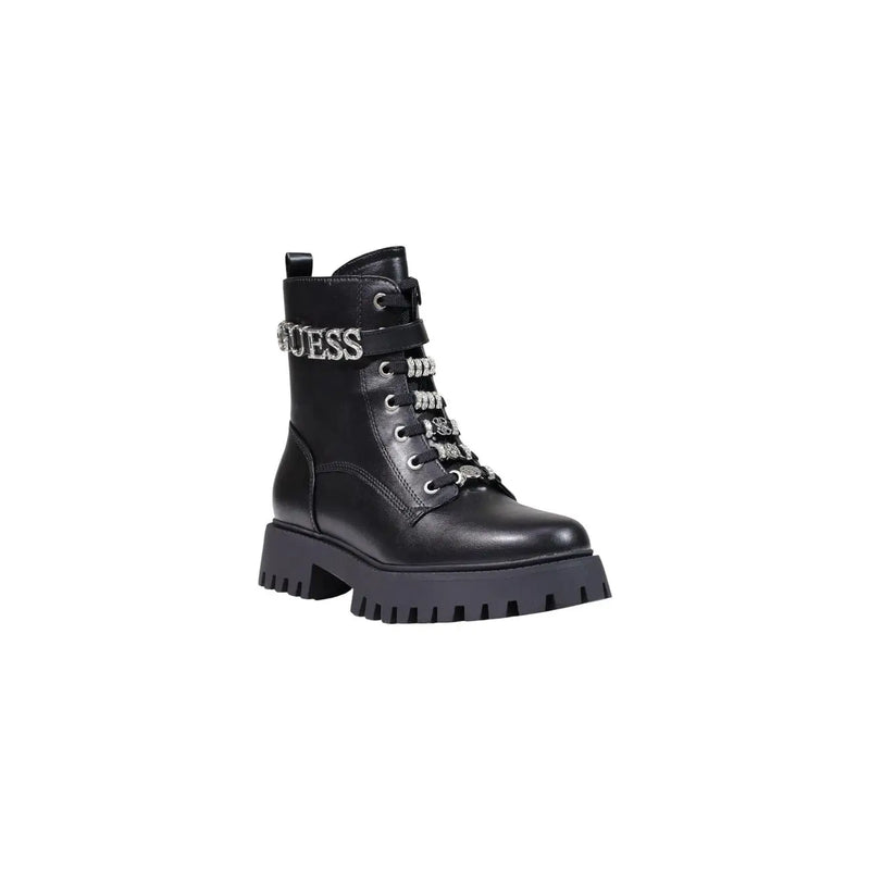 Black guess women ankle boots made of polyurethane with silver rhinestone-embellished zip laces and chunky sole