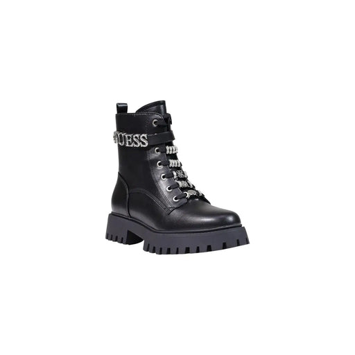 Schwarz guess Damen-Ankle-Boots aus Polyurethan mit silberfarbenen Strass-verzierten Schnürsenkeln und klobiger Sohle