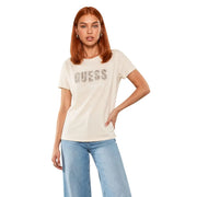 Beige Guess women cotton t-shirt with glittery Guess logo across the chest in classic short sleeve style