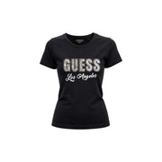 Guess women black cotton classic short sleeve t-shirt with sparkling silver guess lettering and white los angeles script